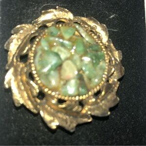 Vintage Gold Leaf Brooch with Green Stones